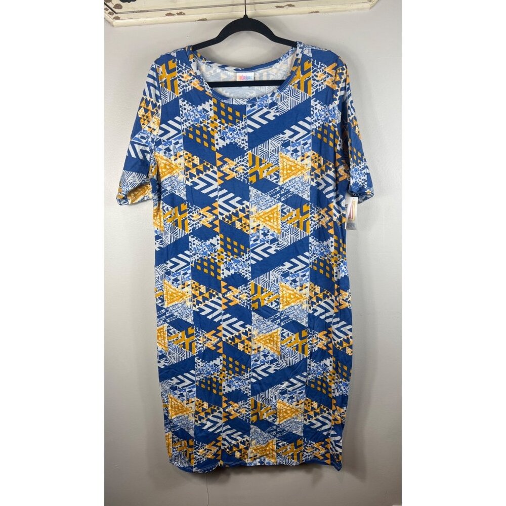 NWT Lularoe Julia Dress Short Sleeve Blue Yellow White Geo Pattern 3XL